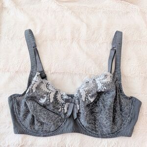 Aubade floral lace undewire bra dark grey white size 34 F